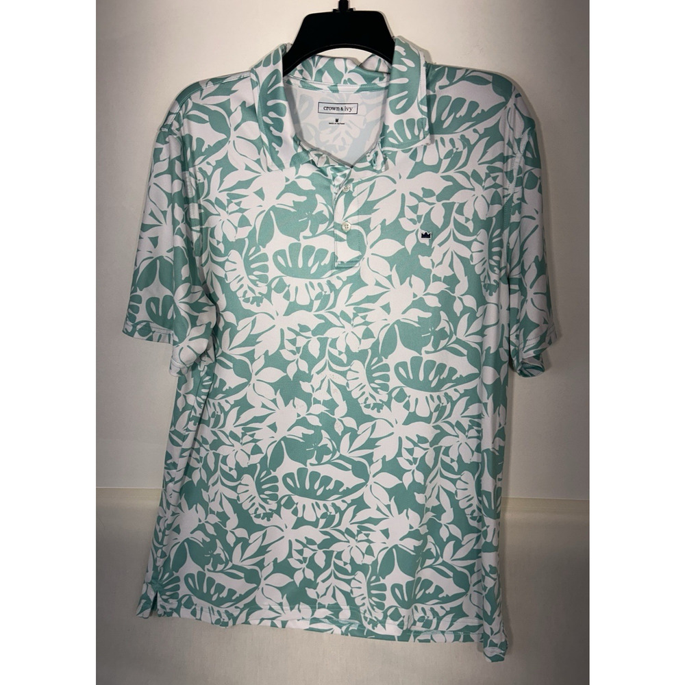 Crown & Ivy Mens Size M ‎ Golf Short Sleeve Floral Shirt Mint Stretch